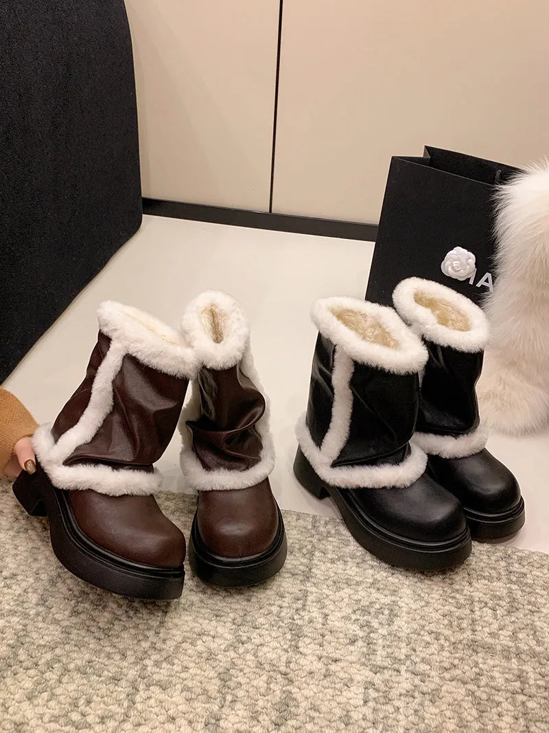 Women's winter faux fur lined short ankle booties with thick bottom and plush trim in black and brown