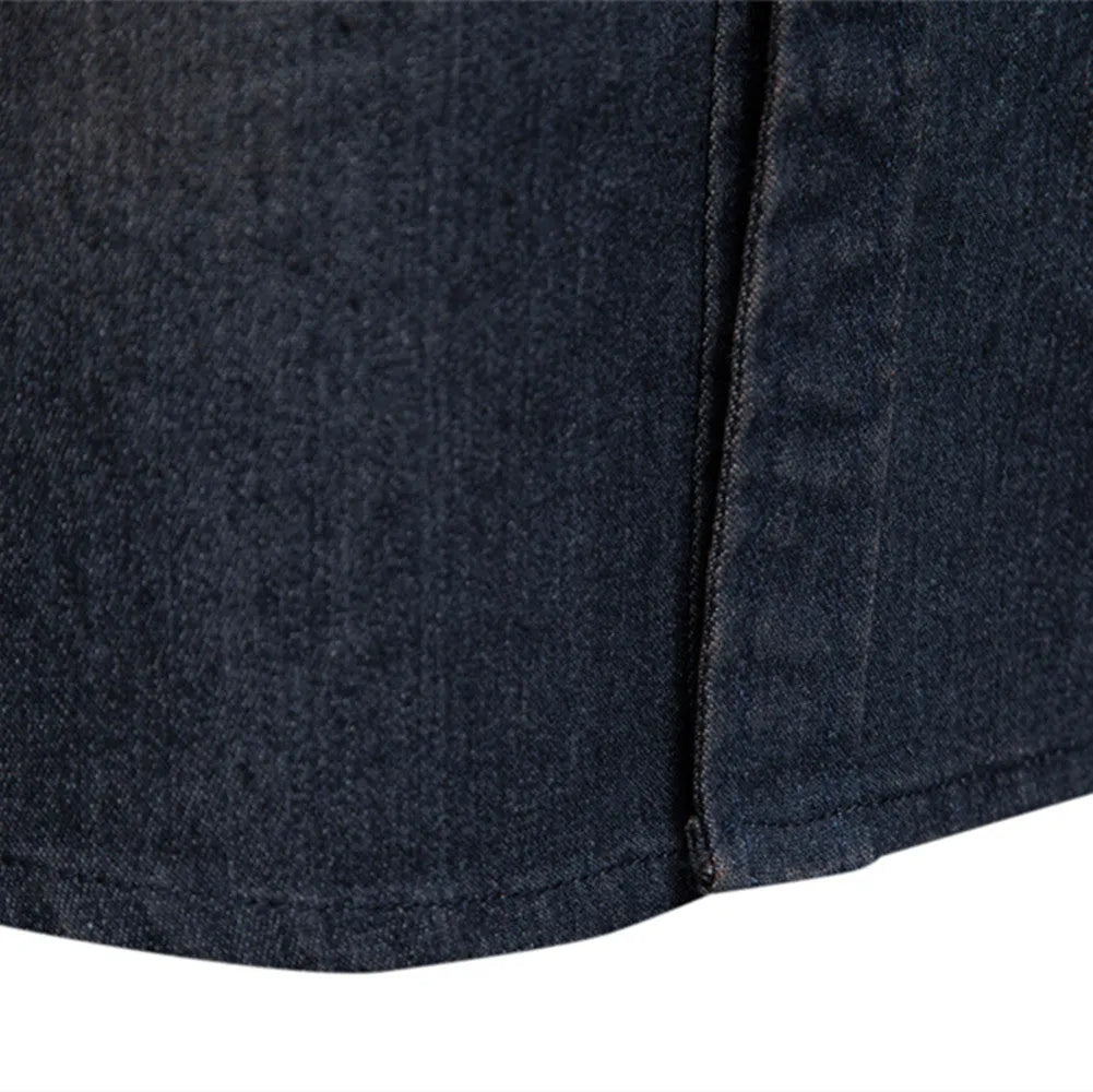 Men's slim fit long-sleeved denim shirt buttoned down in a solid blue colour.