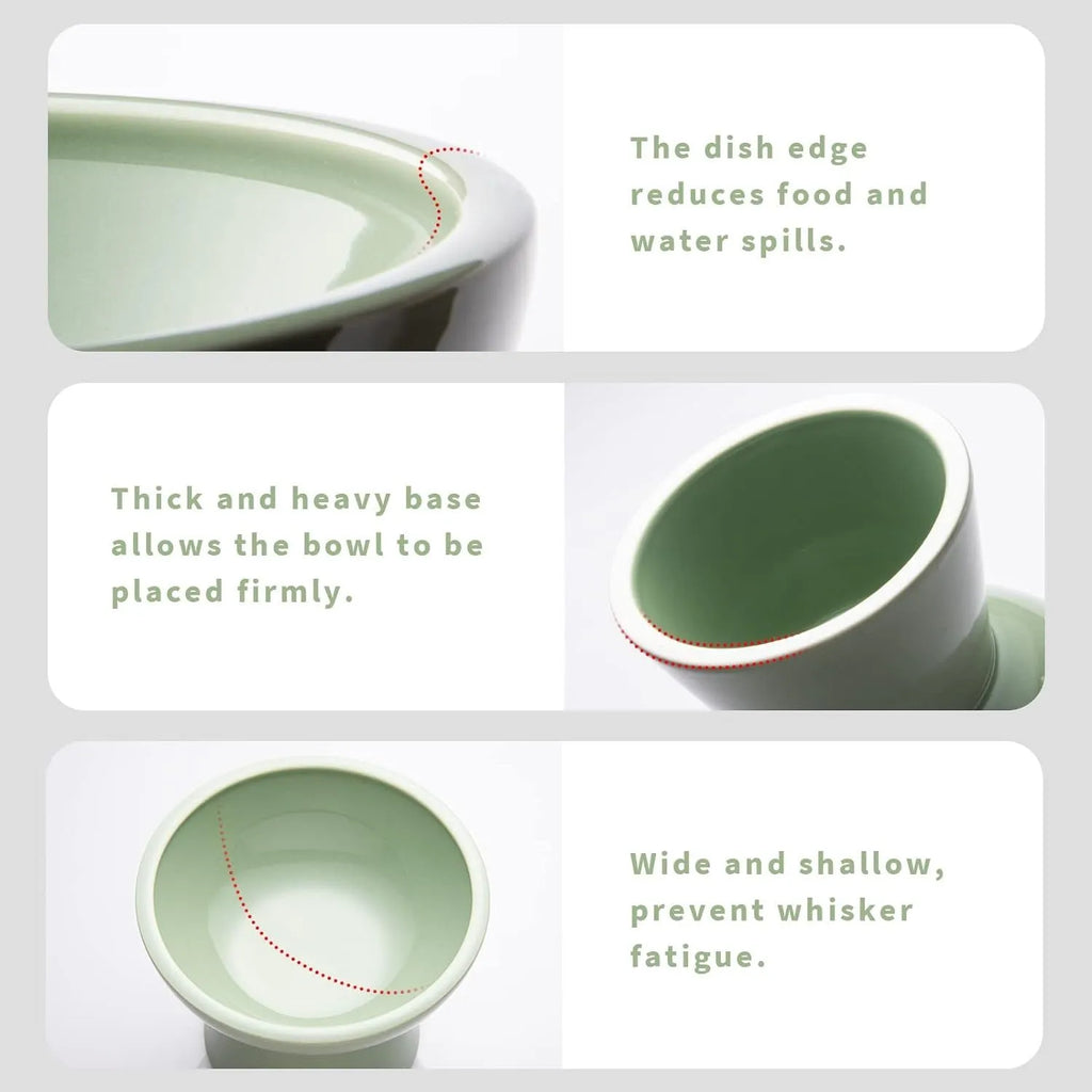 Extra wide ceramic elevated cat food bowl set in blue colour with shallow design