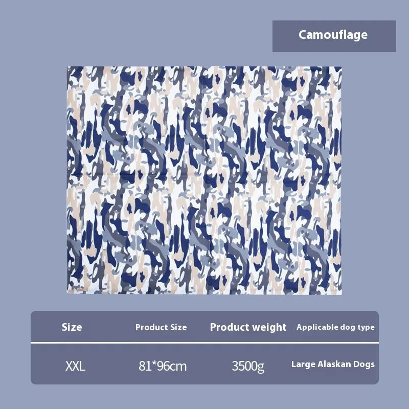 Sapphire blue cool gel summer pet ice mat made from PVC composite fabric, 50x90cm size, with dog lying on it