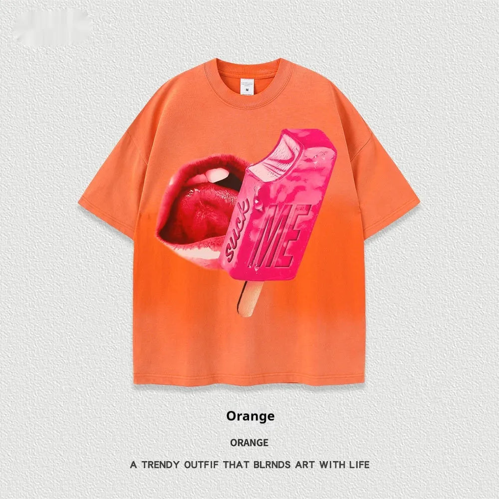 Heavy washed cotton loose fit short sleeve t-shirt with cartoon graphic print on front.