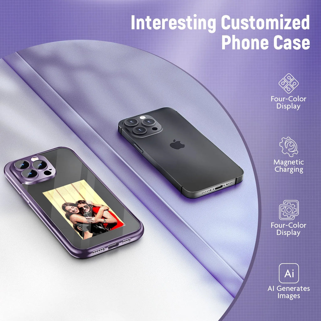 Black iPhone 15 Pro Max flip case with NFC ink screen showing custom design