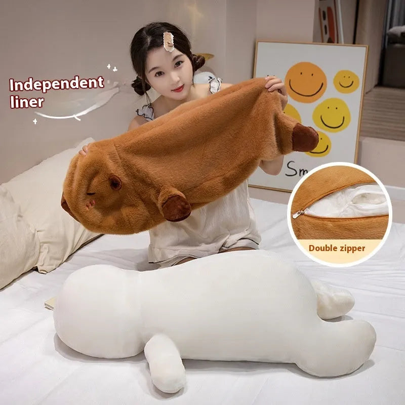 Brown lying-style capybara plush toy in 60cm, 80cm, and 1m sizes with short plush and PP cotton filling