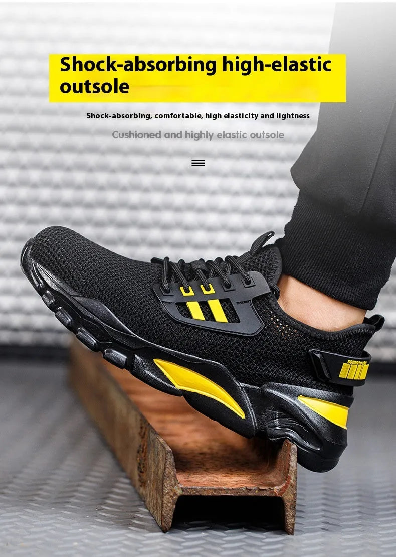 Men's black Flyknit low-top safety work shoe with a steel toe cap on a worksite background.