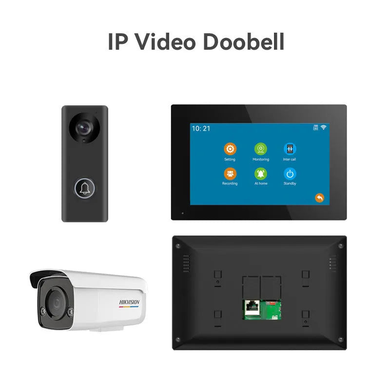1080P video intercom doorbell system with outdoor unit, indoor display, and installation hardware including unlock cable