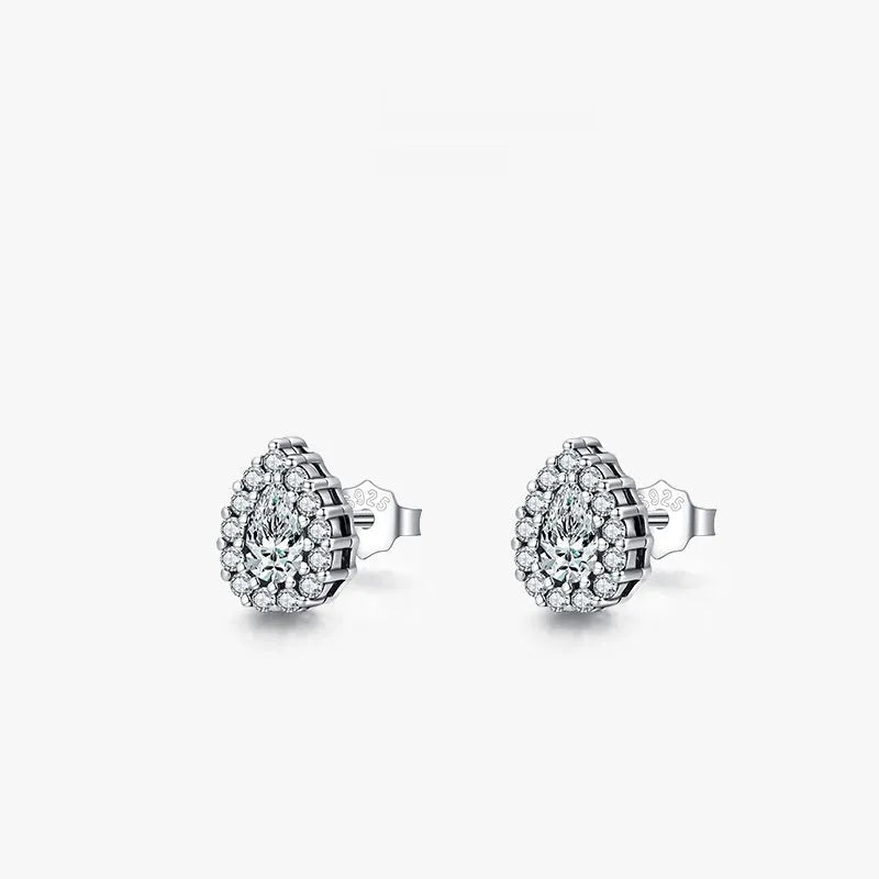 Women's silver drop ear studs in 925 sterling silver with diamond treatment finish