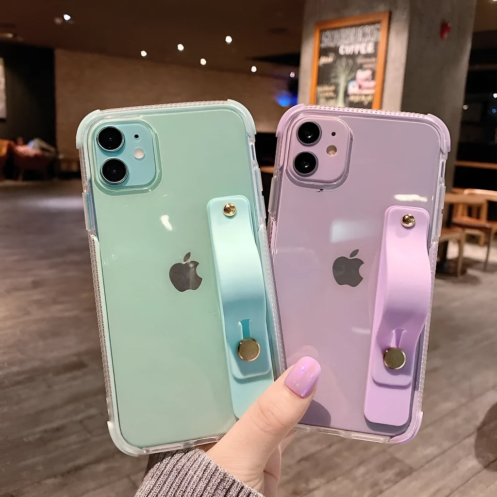 Two-colour transparent silicone iPhone case with anti-fall corners and built-in stand in black, green, pink, purple or white
