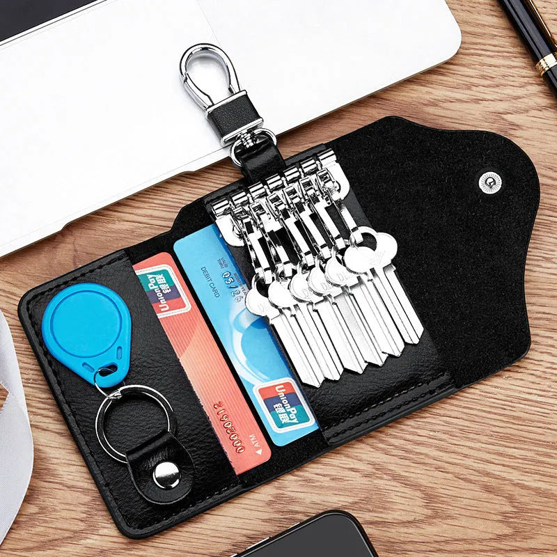 Men's black genuine leather square keychain card holder with key ring and card slot.