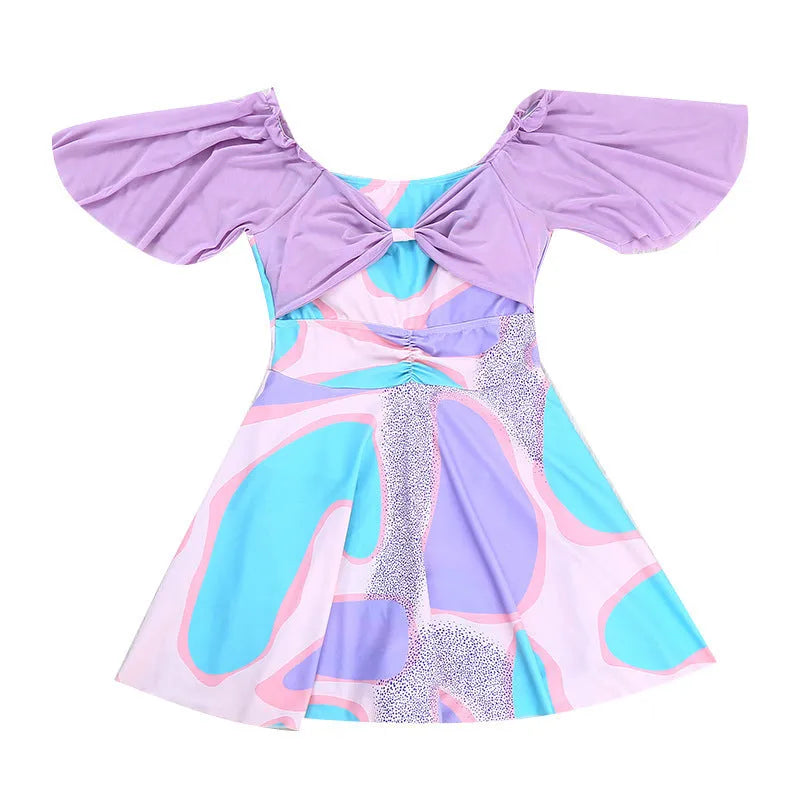 Women's high-waist floral one-piece swimsuit with bowknot detail in light purple or light blue