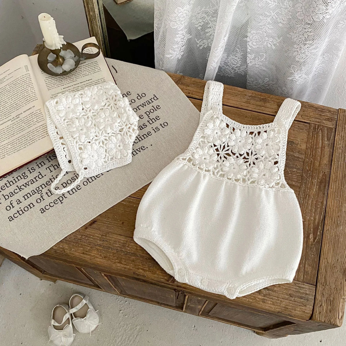 Beige cotton knitted baby romper with removable hood and matching hat, sleeveless triangle jumpsuit for girls