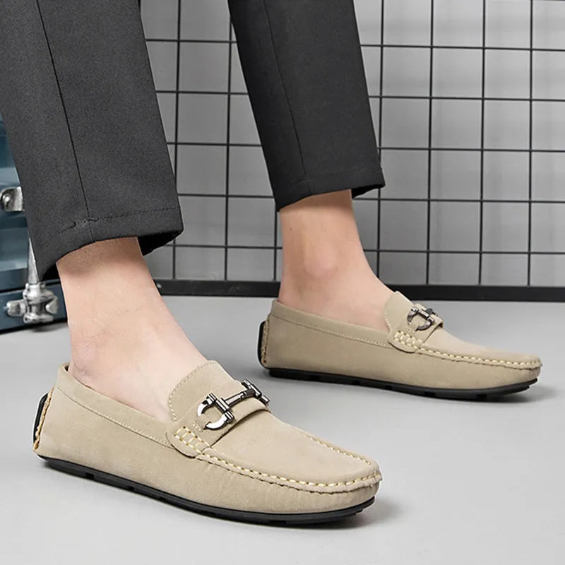 Men's casual leather slip-on loafers in beige with round toe and rubber sole