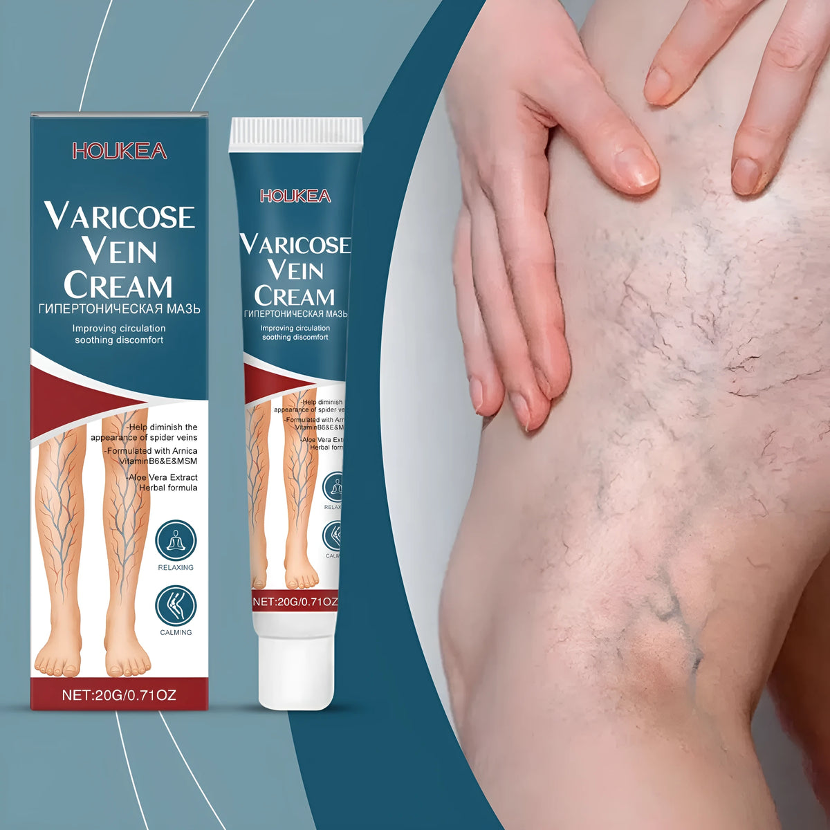 20g tube of leg massage ointment with mint, arnica, witch hazel, vitamin B6, and aloe