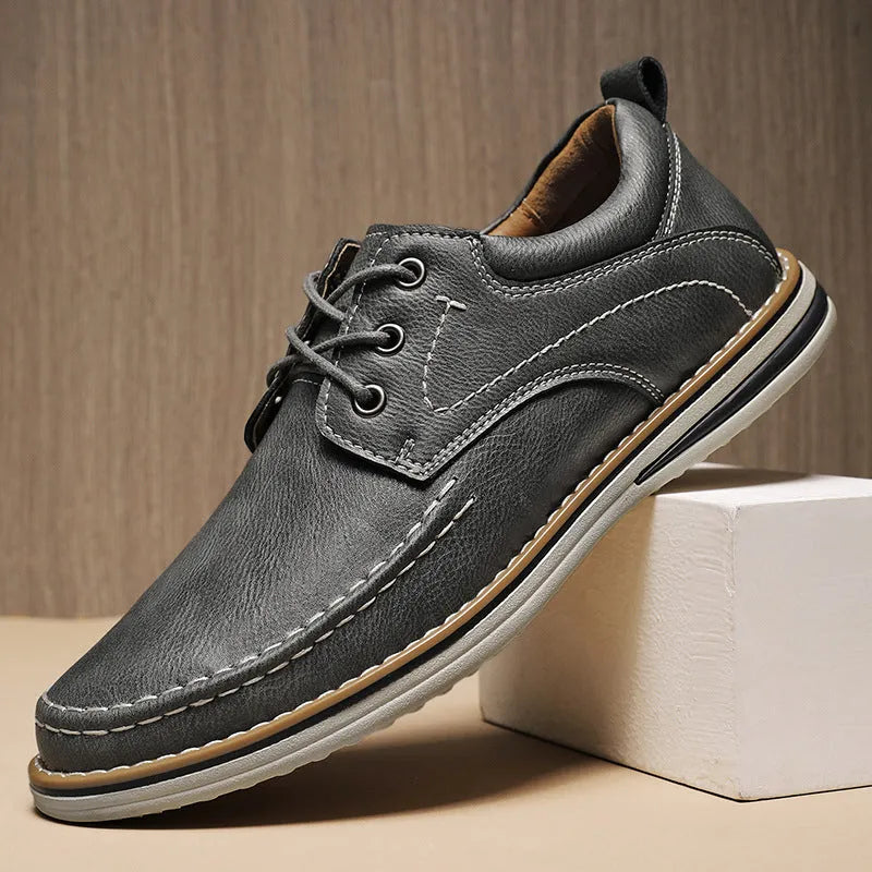 Men's black genuine leather casual lace-up shoes with round toe and low rubber sole
