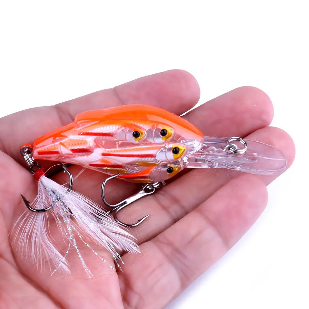Fish Feather Hook 7.5cm floating hard bait fishing lure in multiple colour options