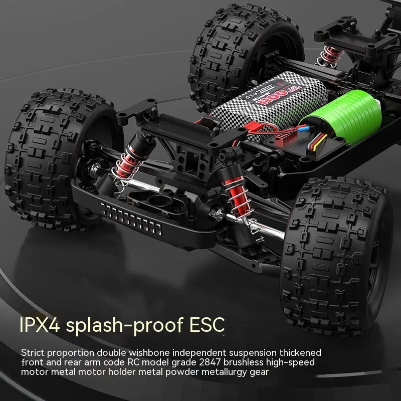 1:16 scale four-wheel drive brushless remote control car toy with metal construction and LED front lights