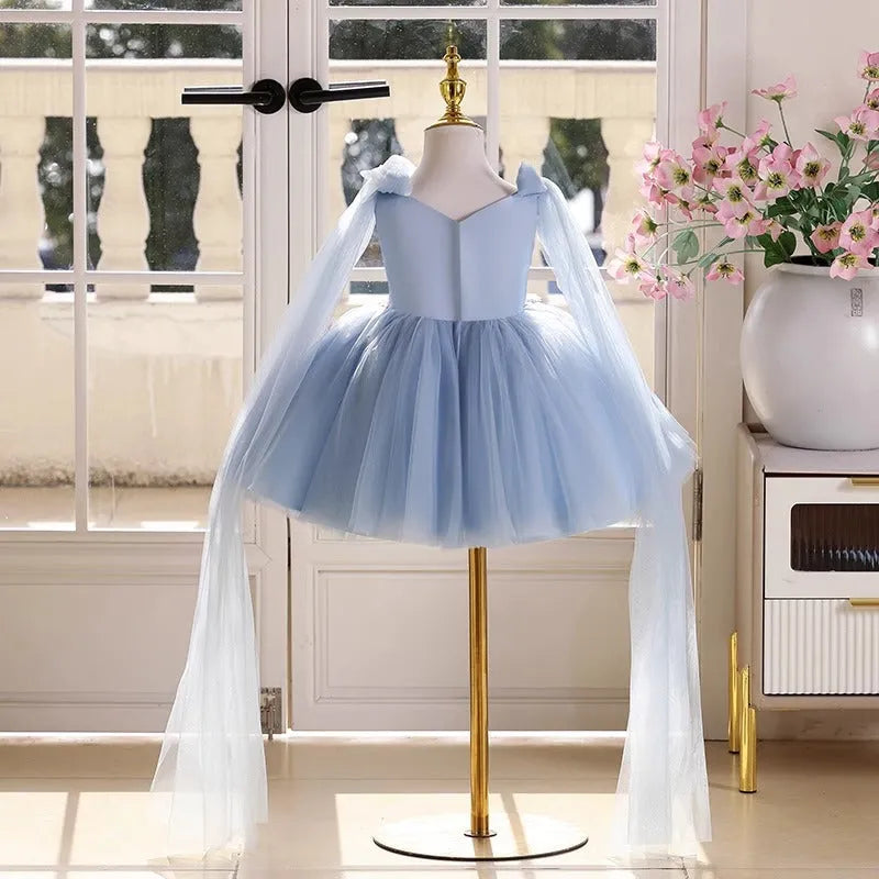 Sky blue girls princess dress for piano performance and hosting, polyester lined, 80cm to 150cm