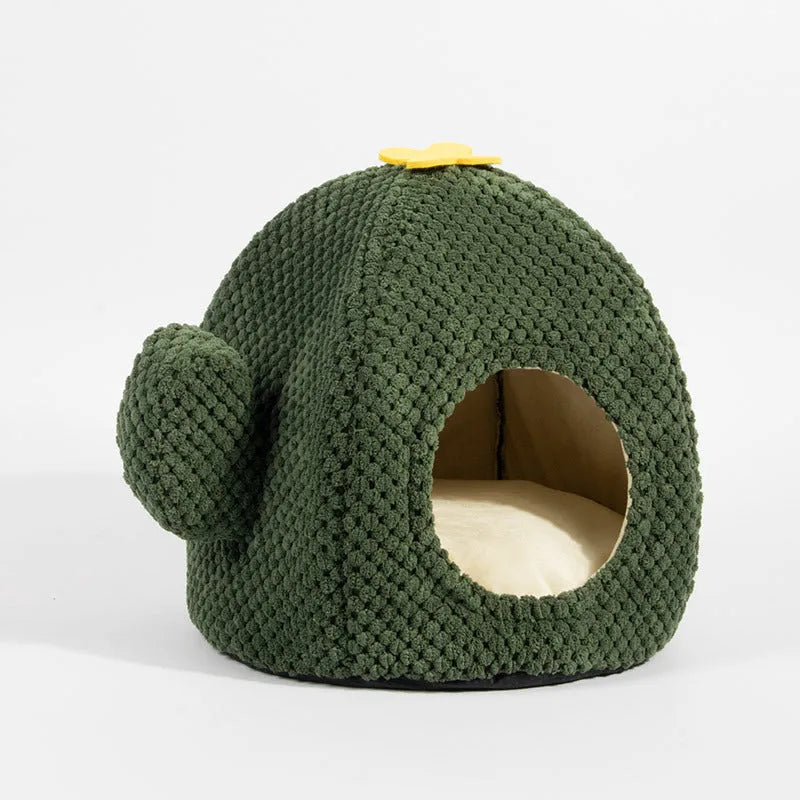 Green cactus-shaped enclosed cat bed with cave design for kittens and small dogs