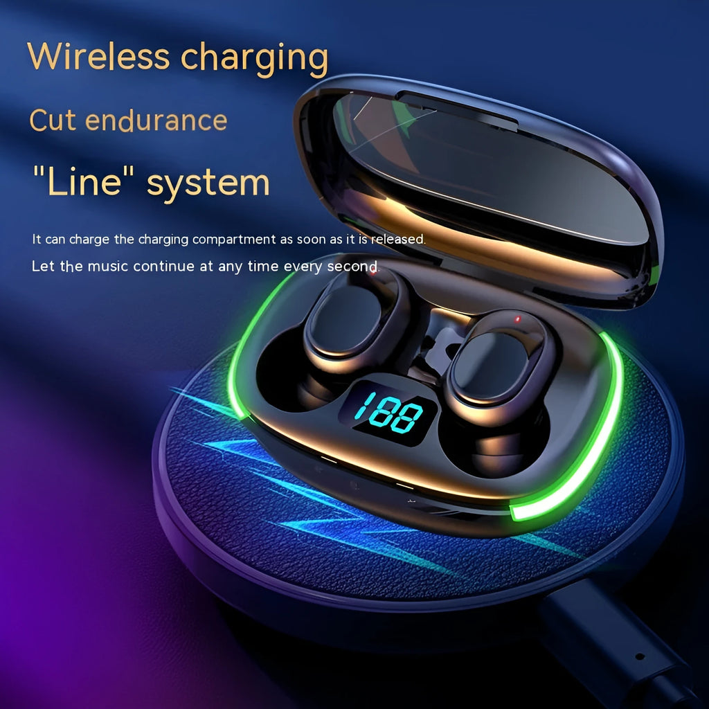 Black Y80 wireless Bluetooth earphones with digital power display showing battery level