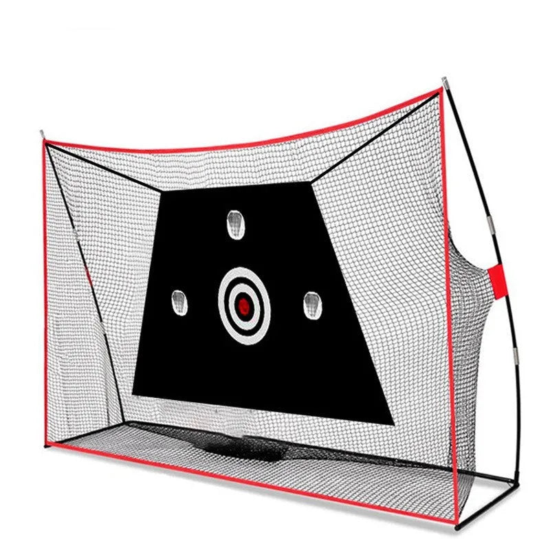 Golf swing wedge training net kit with straw mat, practice balls, and accessories laid out.