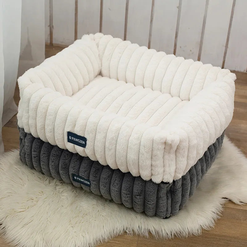 Large removable square pet bed for dogs, white striped, soft cloth, size L