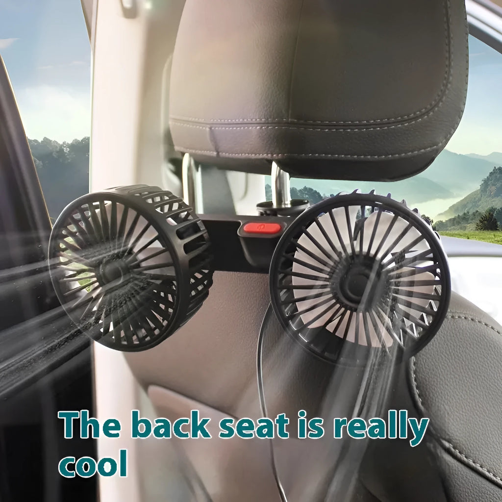 Black car mounted USB dual head fan with rear double-headed design, plastic body, and included bracket