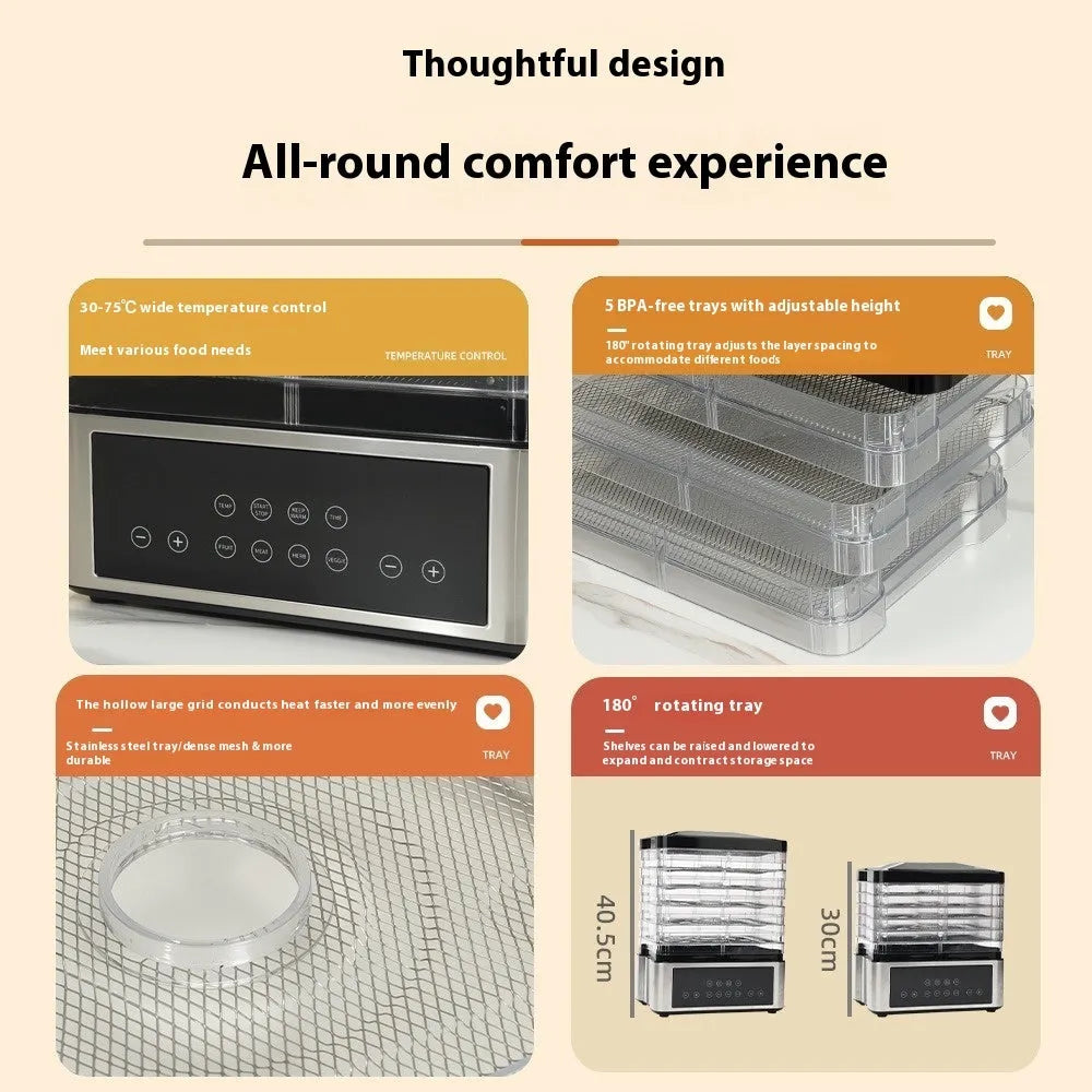 Silver stainless steel household food dehydrator with 14L capacity and digital temperature control.