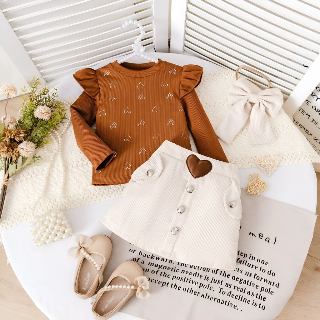 Brown striped long-sleeve top and short skirt cotton dress set for toddlers