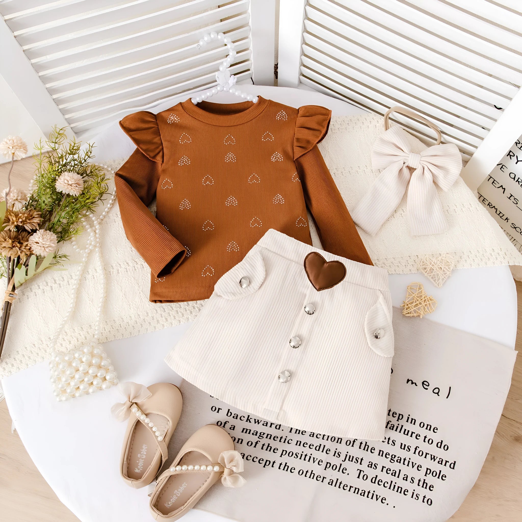 Brown striped long-sleeve top and short skirt cotton dress set for toddlers