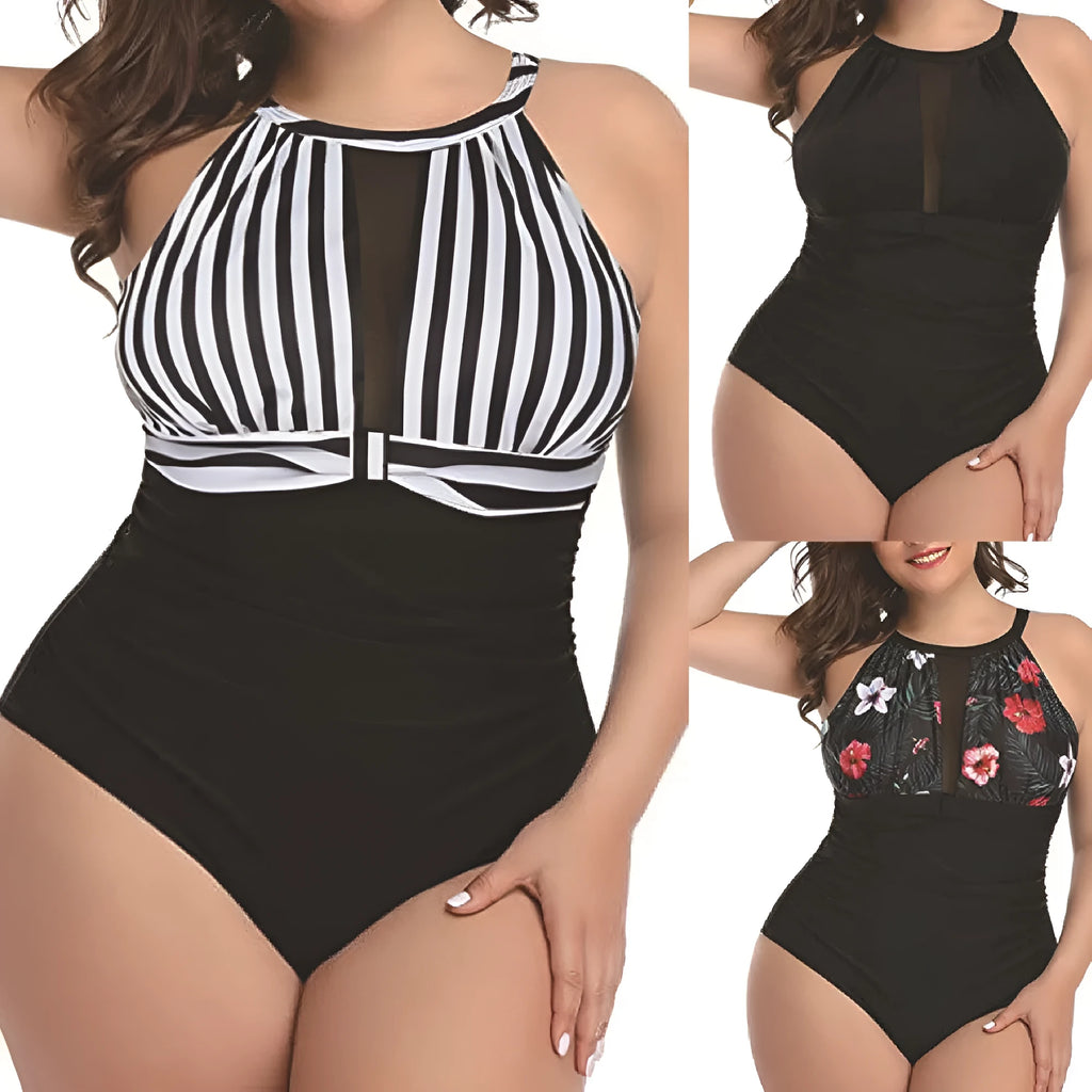 Women's black lace one-piece swimsuit on a mannequin, showing front design.