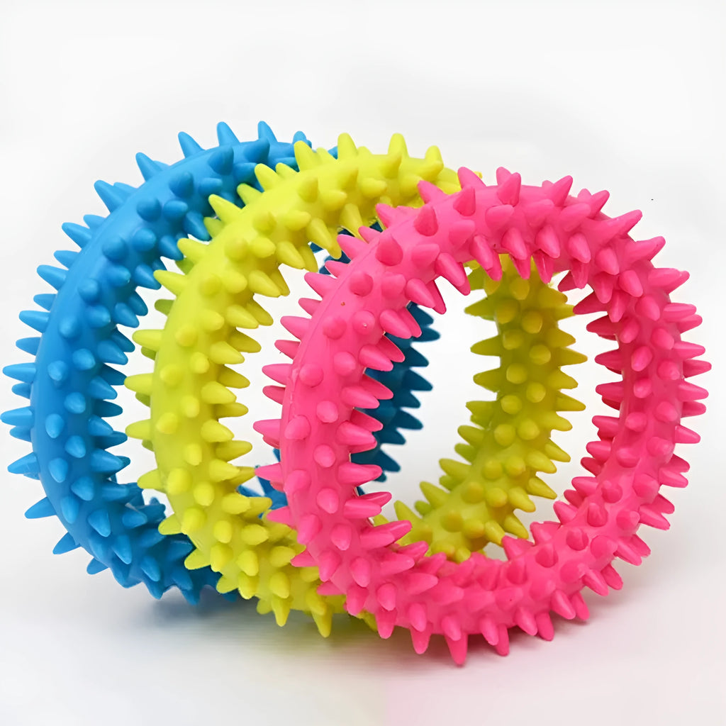 Blue spiky circle ring dog chew toy made of TPR for bite training and dental cleaning.