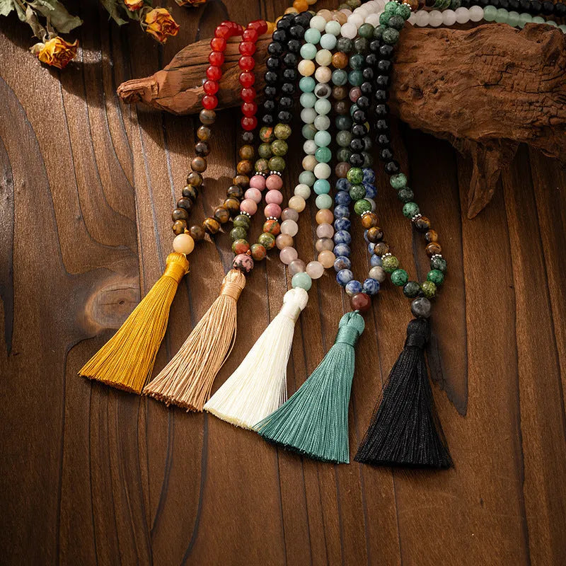 Vintage tassel bohemian style natural stone beaded long sweater chain with geometric beads