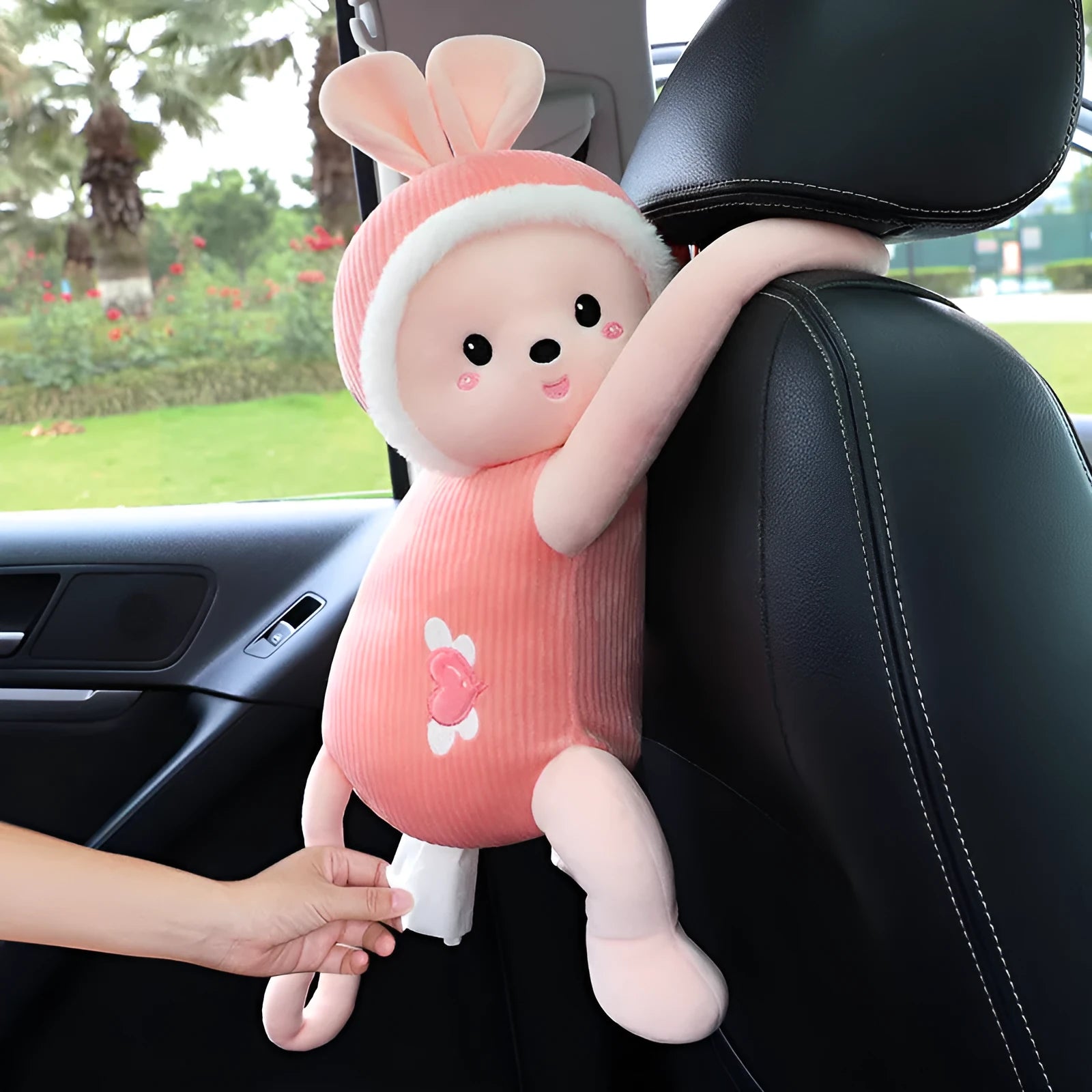 Plush car seat back-mounted tissue box holder with elastic straps in character design