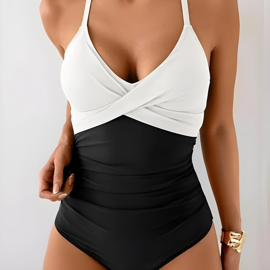 Women's one-piece swimsuit in black and contrast colour, nylon polyester, sizes XS to 6XL
