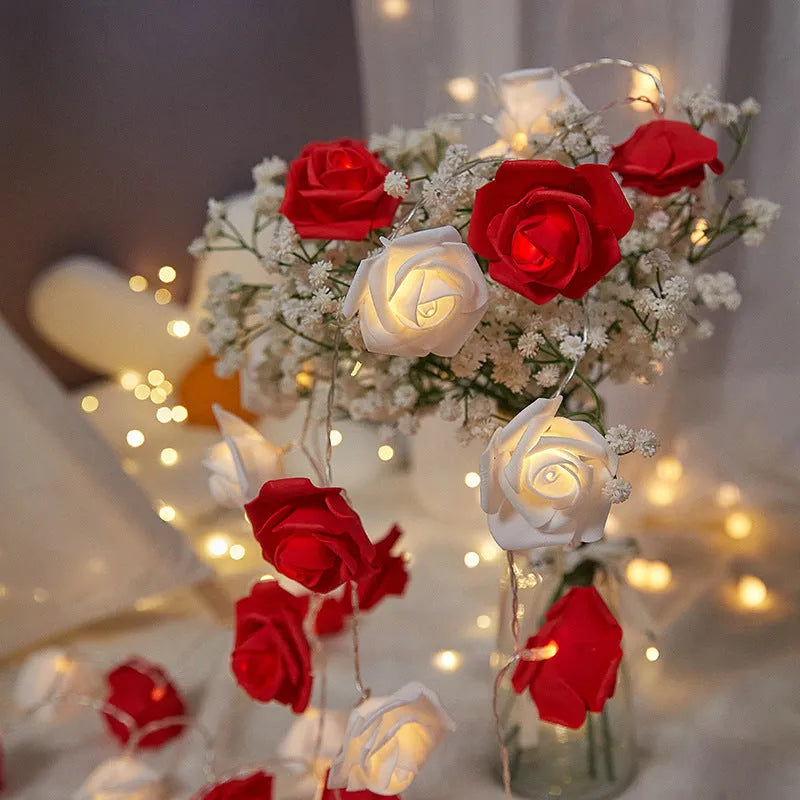 Battery-powered LED rose light string with ten artificial foam roses for indoor holiday decoration