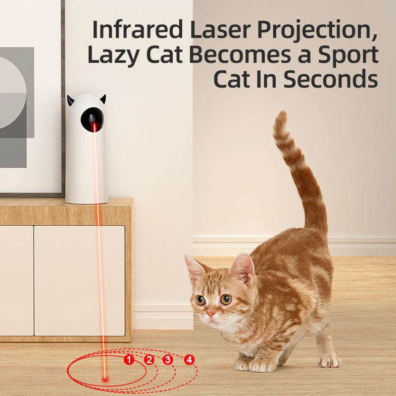 White electric automatic infrared cat teaser toy with USB charging on a minimalist background