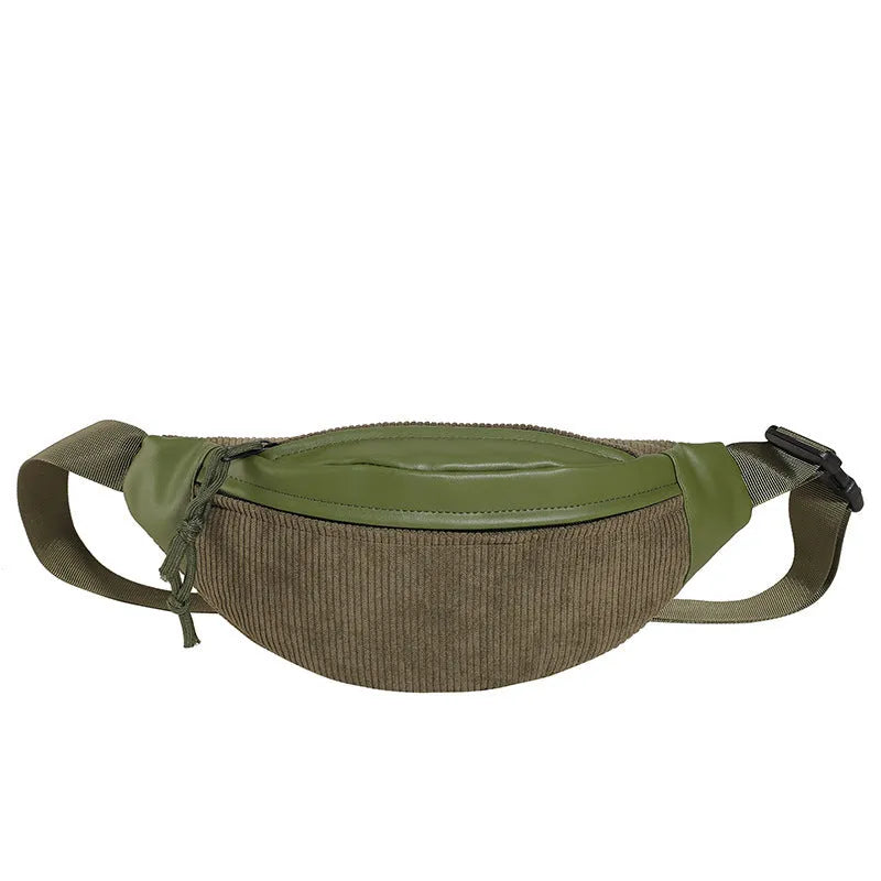Corduroy crossbody bag in brown with oval shape, slit pocket, and crossbody strap
