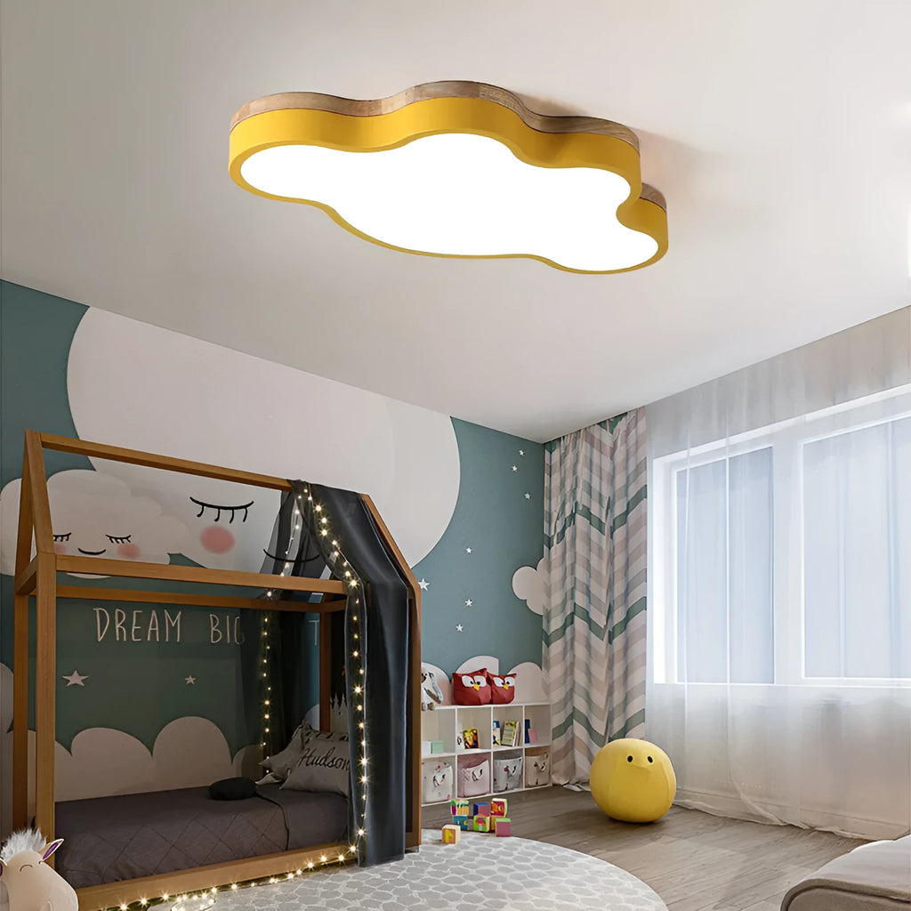 Modern cloud-shaped LED ceiling lamp in a wood tone colour, mounted on a white ceiling.