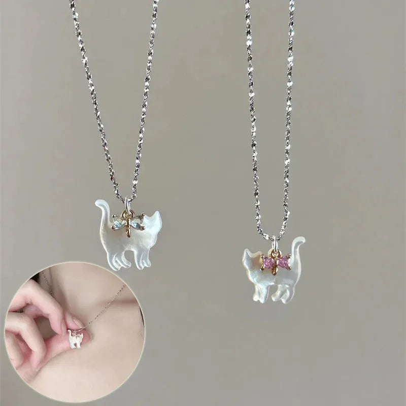 Cat pendant necklace with transparent rhinestones, silver plated water wave chain, white or pink colour option