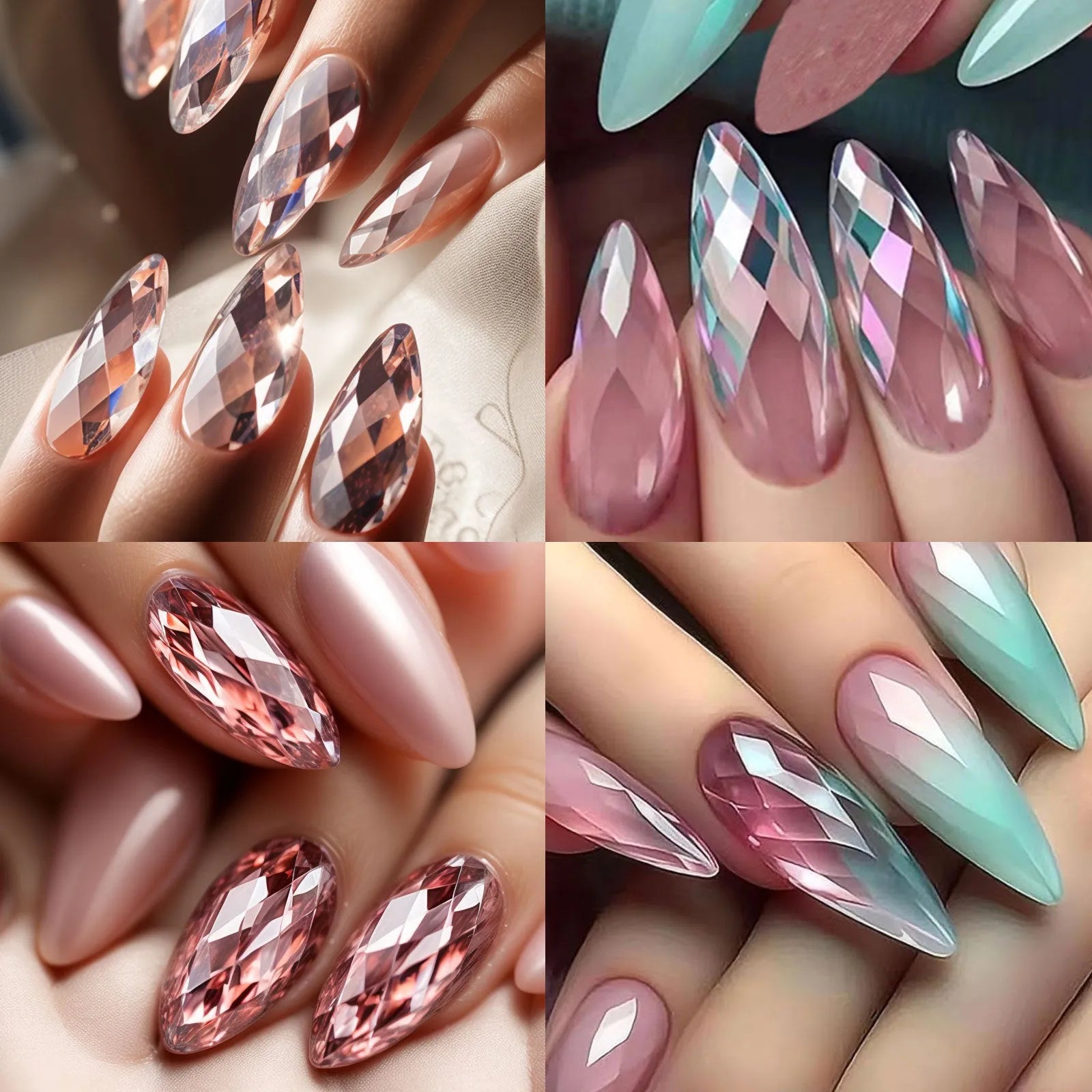 Pack of long, pre-shaped false nail tips with a raised 3D diamond pattern design in various colours.