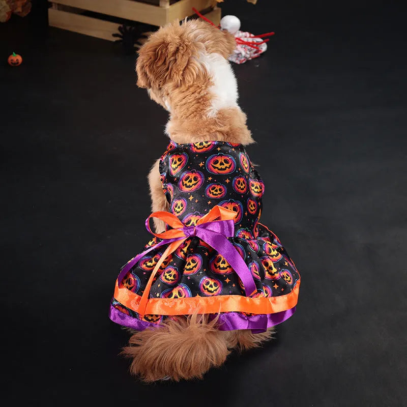 Halloween dog skirt with adjustable waistband in colourful pumpkin design
