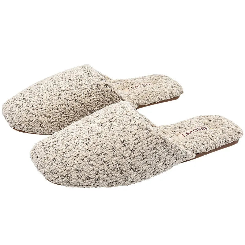 Fleece-lined thermal cotton slippers for women and men, non-slip beef tendon sole, square round toe, solid colour