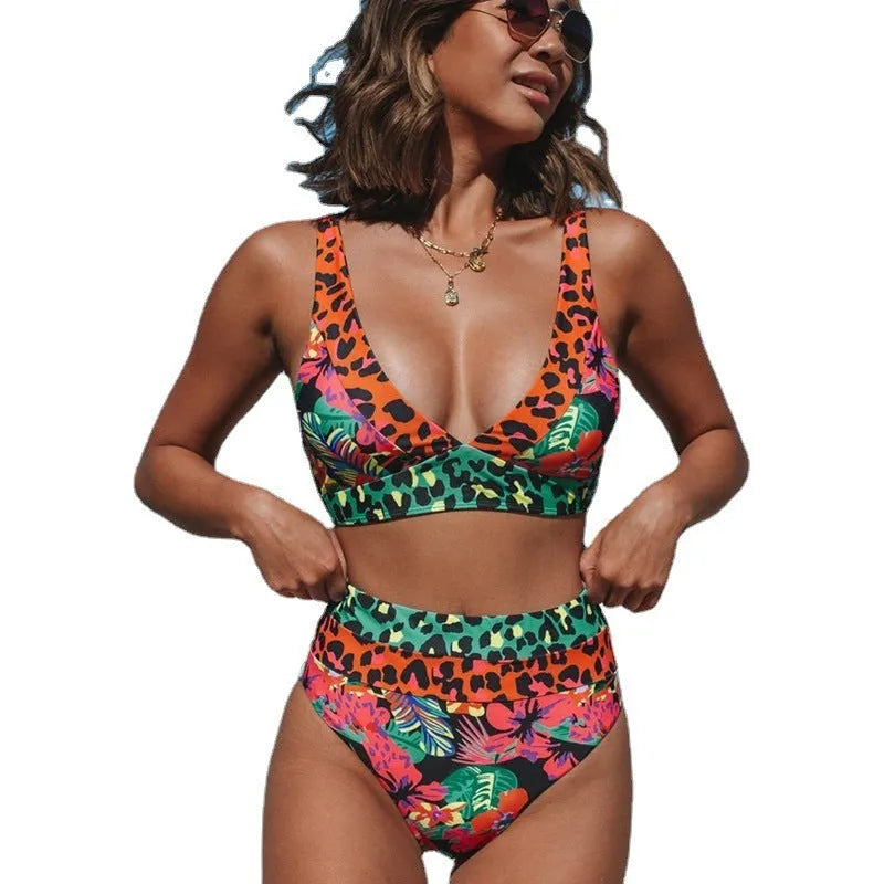 Women's high-waist bikini with floral print, shown in available colours.