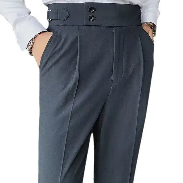 Cotton blend high waist straight casual trousers in black, shown on a model.