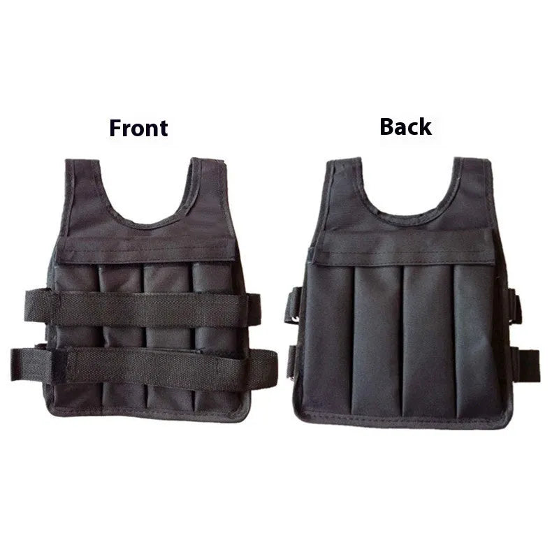 Child wearing an adjustable sand vest made from voile fabric, showing size and weight options.