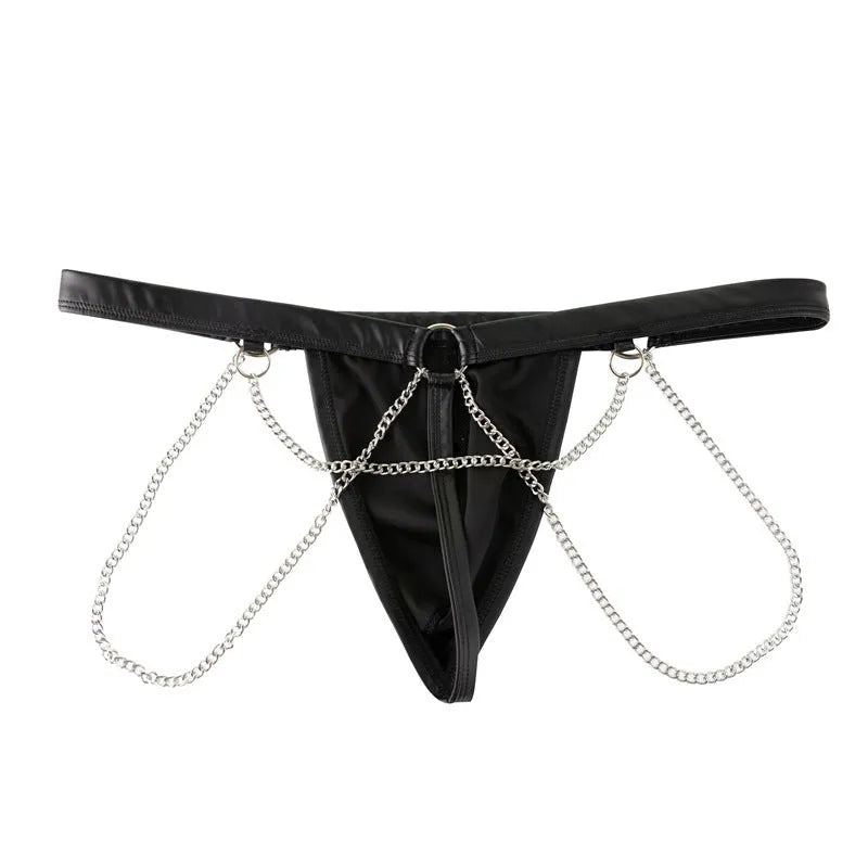 Black men's patent leather thong underwear with metallic chain detailing