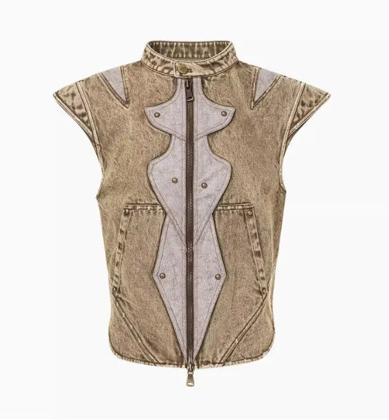 Men's denim pleated vest in picture colour with Korean style detailing and cotton construction