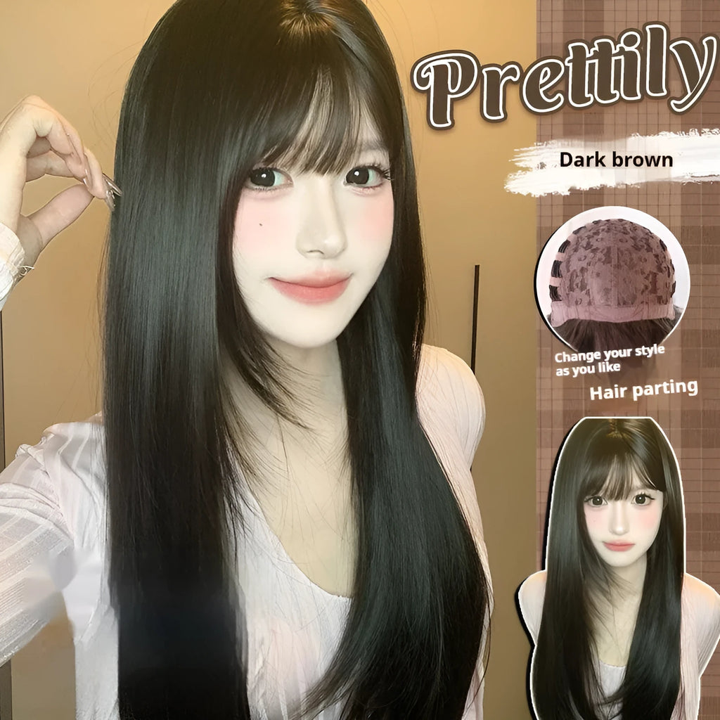 Dark brown long straight synthetic wig with bangs on a wig head.