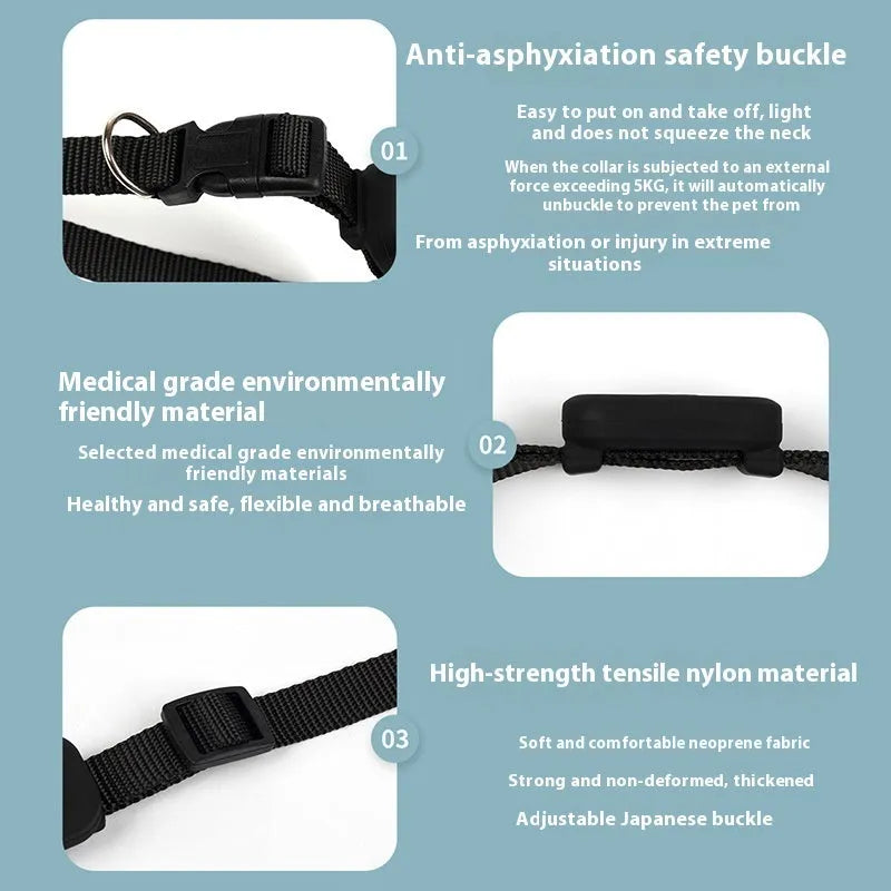 Black Bluetooth pet positioning collar for cats and puppies with an adjustable strap.