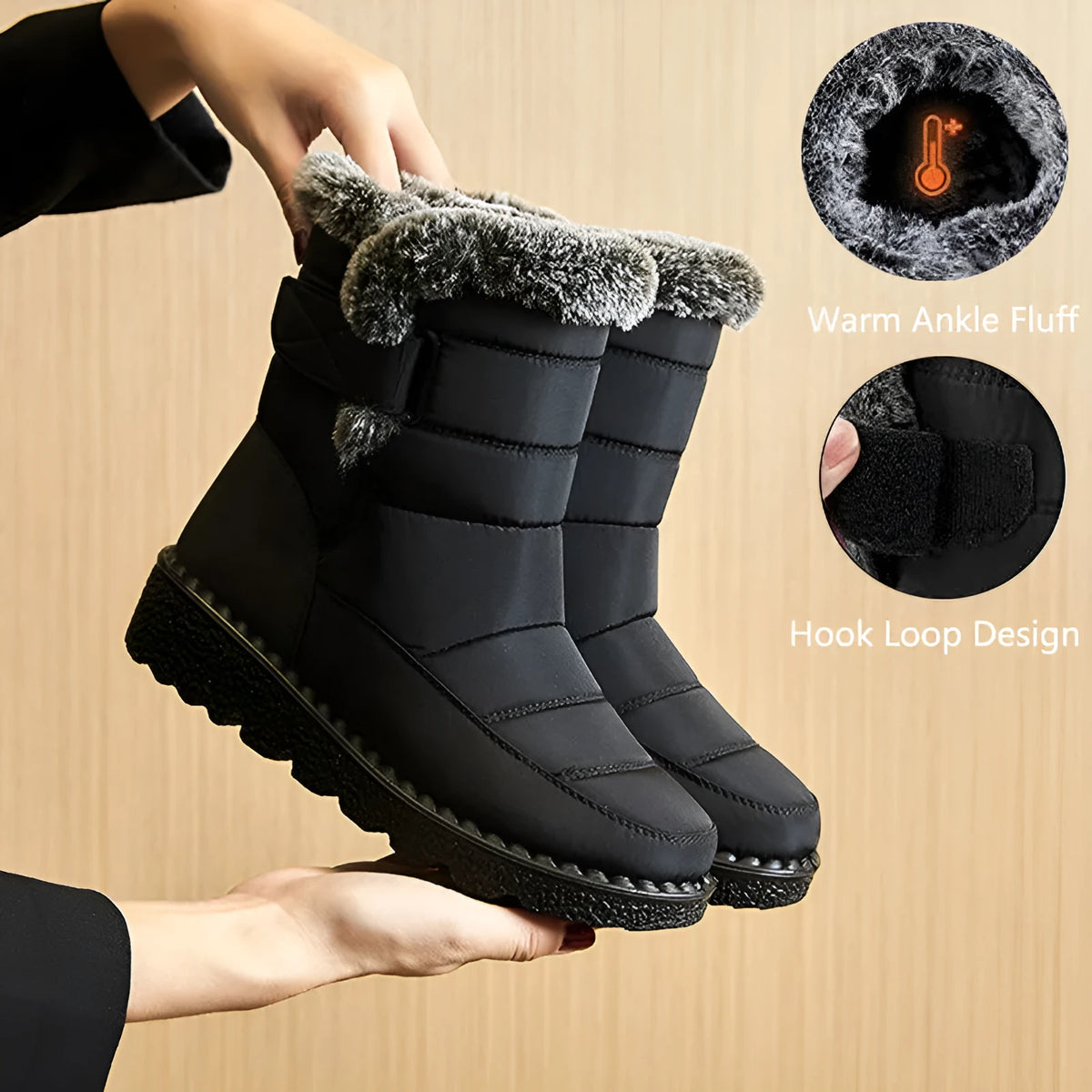 Waterproof winter snow boots with plush lining, rubber sole, Velcro fastening, grey black blue, sizes 35 to 44