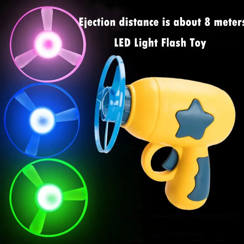 Six-pack of LED flying saucer launcher toys with colourful discs and target boards